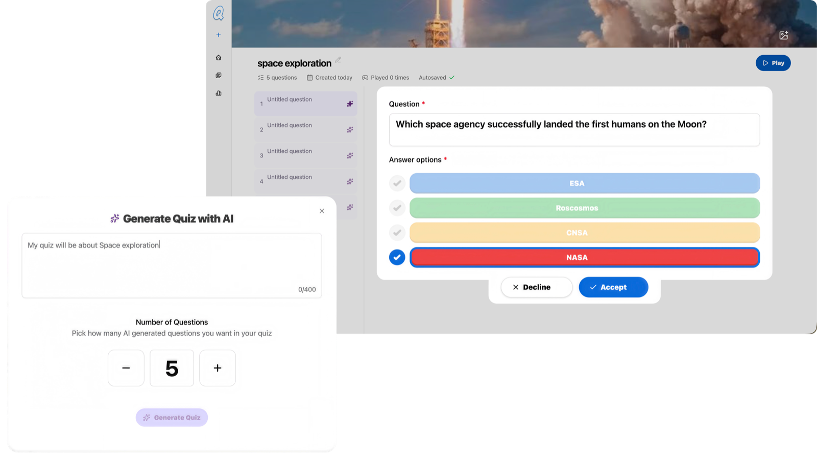 The quiz builder: a "Generate Quiz with AI" dialog asking for a five-question quiz on space exploration, and behind it the question it produced — which agency landed the first humans on the Moon — with four coloured answers ready to accept or decline.