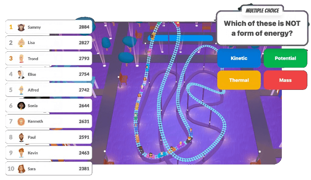 A live race in progress: a leaderboard of ten players and their scores, their carts climbing a rollercoaster track, and the current multiple-choice question with four answers.