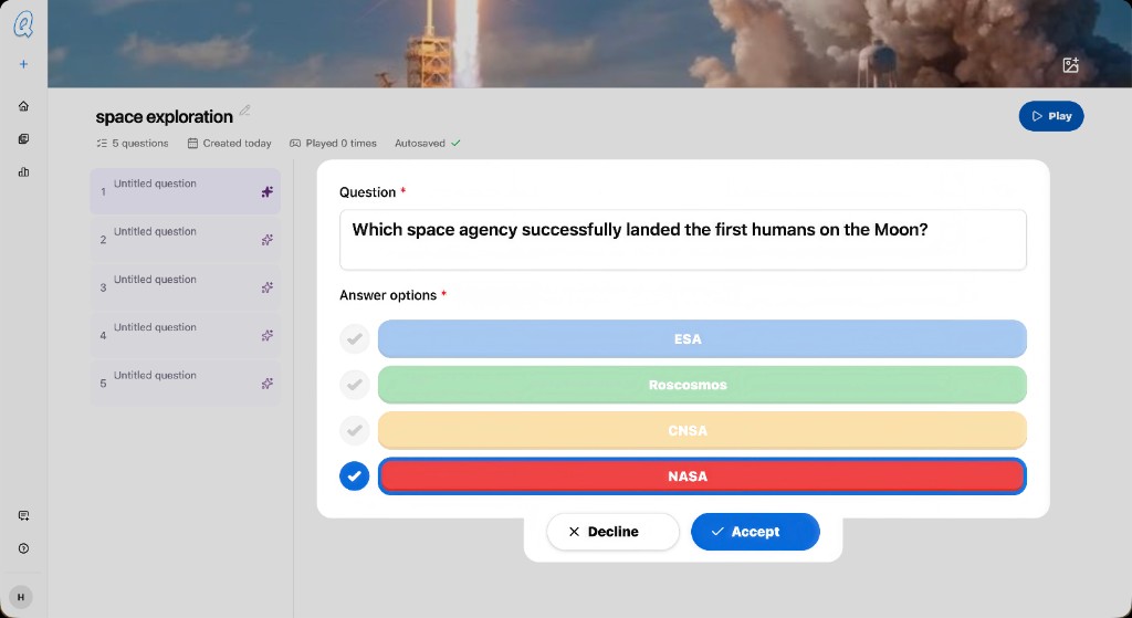 The quiz editor with an AI-suggested question — which space agency landed the first humans on the Moon — and its four answer options, waiting to be accepted or declined