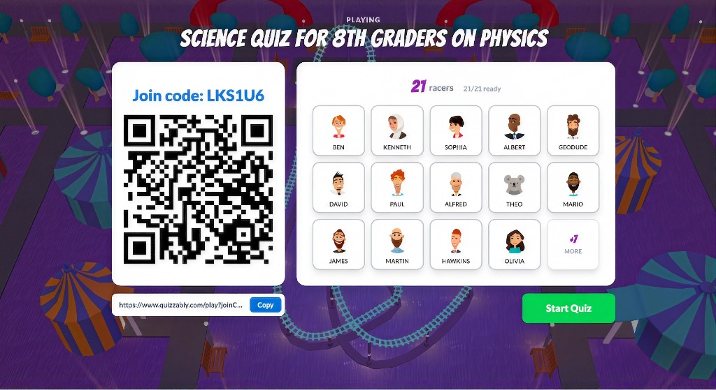 The host's lobby on the big screen: a join code and QR code beside a grid of twenty-one players who have already joined, and a Start Quiz button