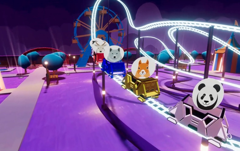 Four karts climbing a neon-lit track through a night-time funfair, each carrying a player's animal avatar on a round nameplate